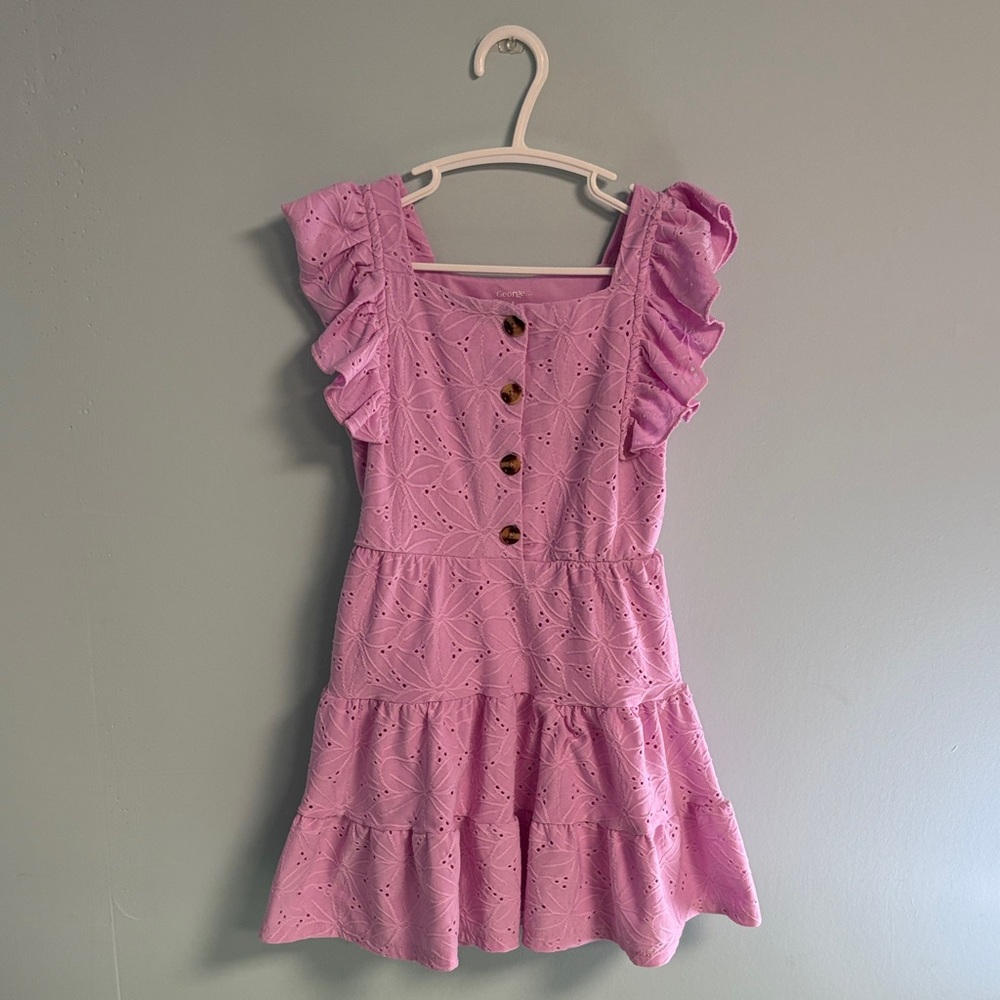 George Pink Flower Patterned Button Dress with Ruffle Cap Sleeves, Girl Size 6